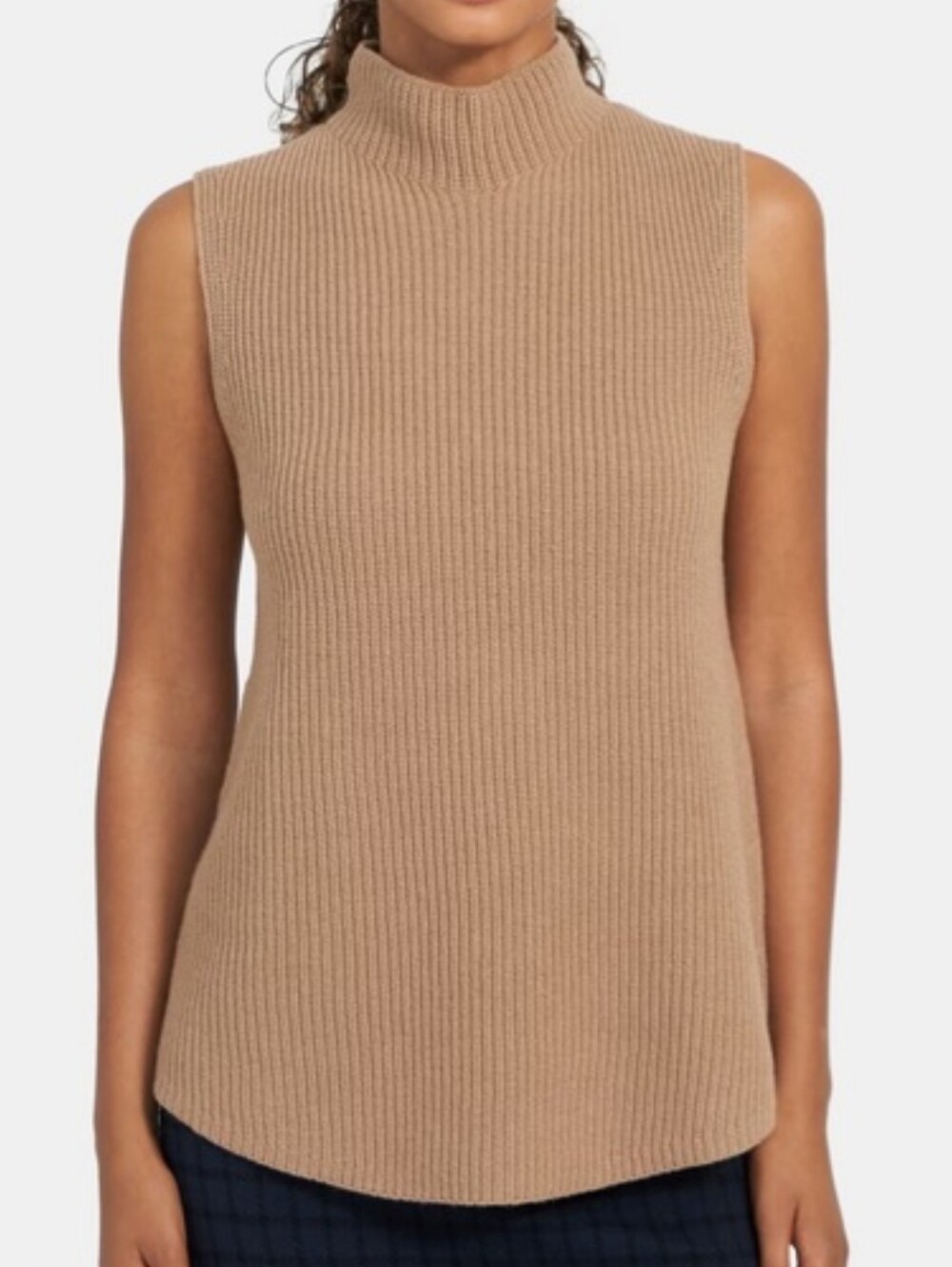 Theory Sleeveless Ribbed 100% Cashmere Mock Neck Tank - Camel Size M Minimalist